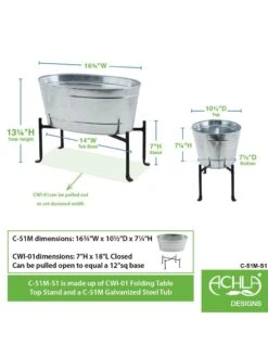 Achla Designs Mini Oval Galvanized Tub With Folding Stand -Garden Care Shop 8612906 04v